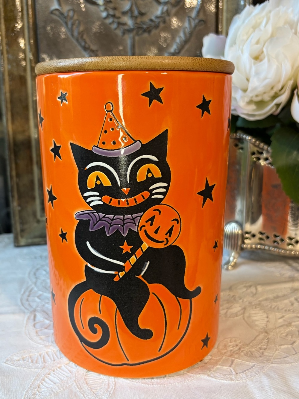 Eli + Ana Orange retro cat ceramic canister Halloween decor